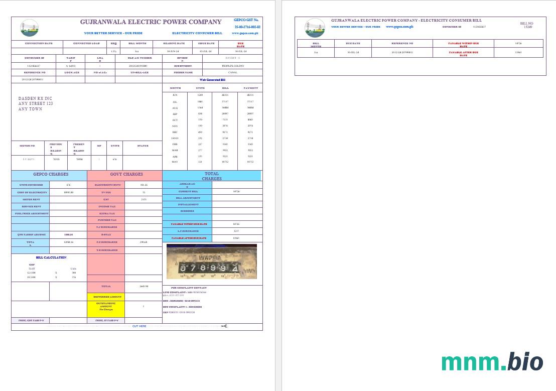 PAKISTAN_GUJRANWALA_ELECTRICPOWEr_business_utility_bill_word_and