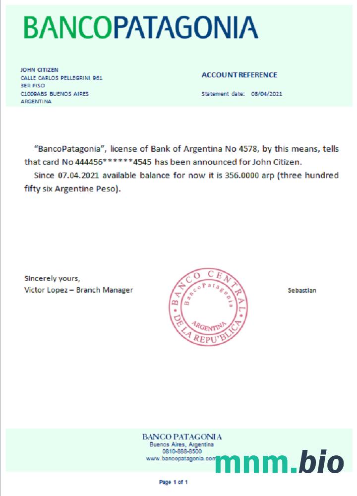 Argentyna Bancopatagonia przykład odniesienia w formatach Word i PDF