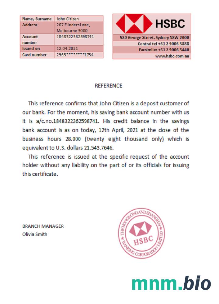 Przykład odniesienia do Australii HSBC w formatach Word i PDF