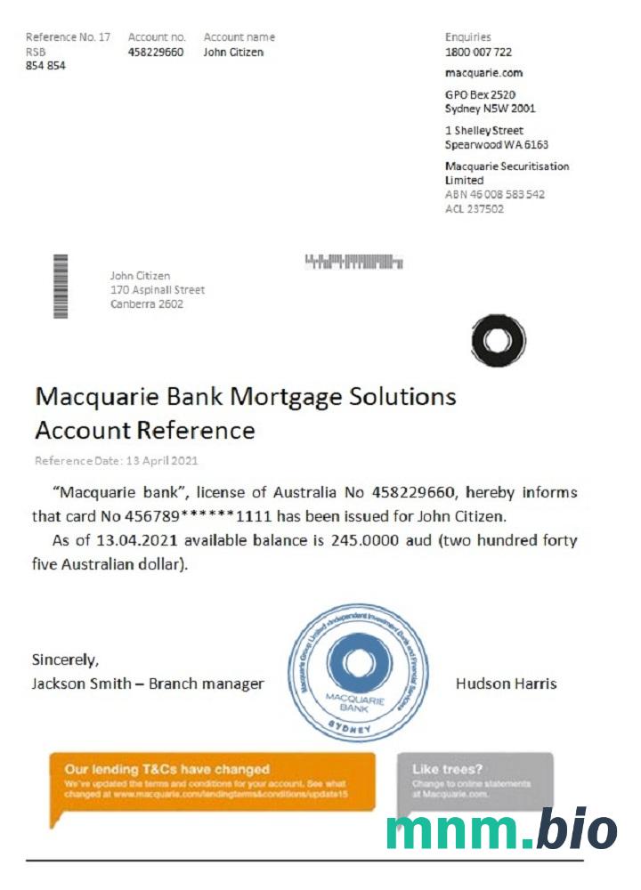 Przykład odniesienia do Australii Macquarie w formatach Word i PDF