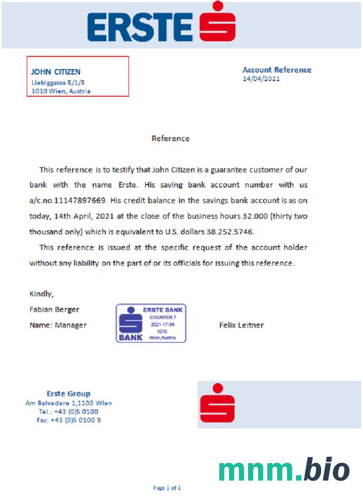 Austria Erste przykład odniesienia w formatach Word i PDF