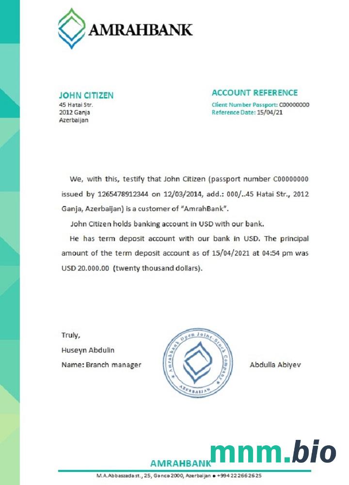 Przykład odniesienia Azerbejdżanu Amrahbank w formatach Word i PDF