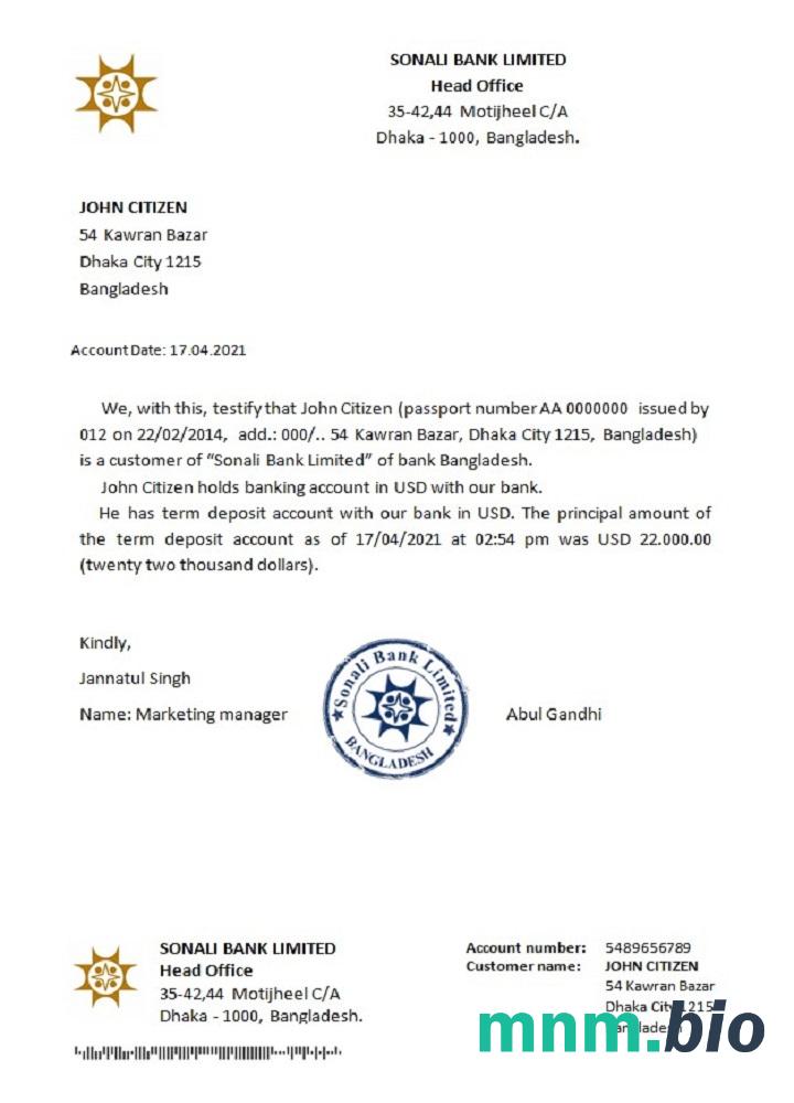 Przykład odniesienia Bangladesz Sonali w formatach Word i PDF