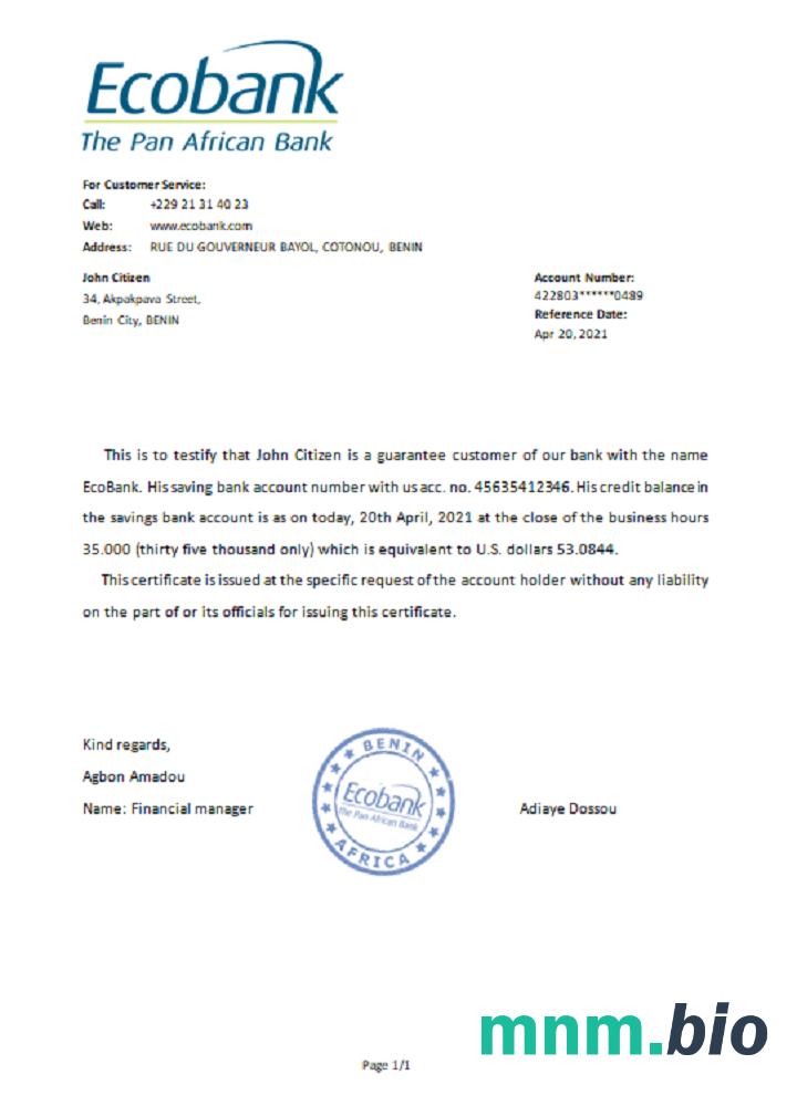 Przykład odniesienia Benin Ecobank w formatach Word i PDF