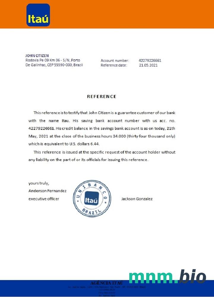 Przykład odniesienia do Brazylii Itau w formatach Word i PDF