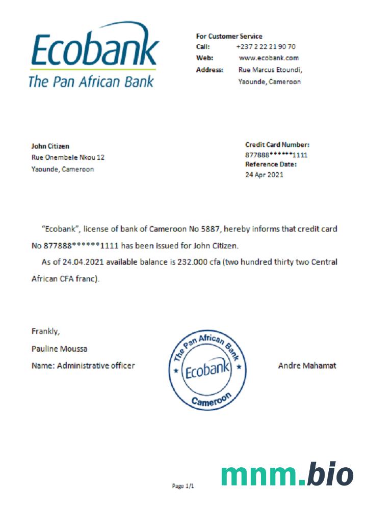 Przykład odniesienia Kamerunu Ecobank w formatach Word i PDF