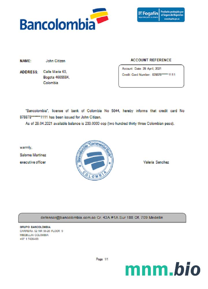 Kolumbia Bancolombia przykład odniesienia w formatach Word i PDF