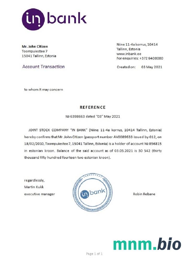 Estonia Inbank przykład odniesienia w formatach Word i PDF