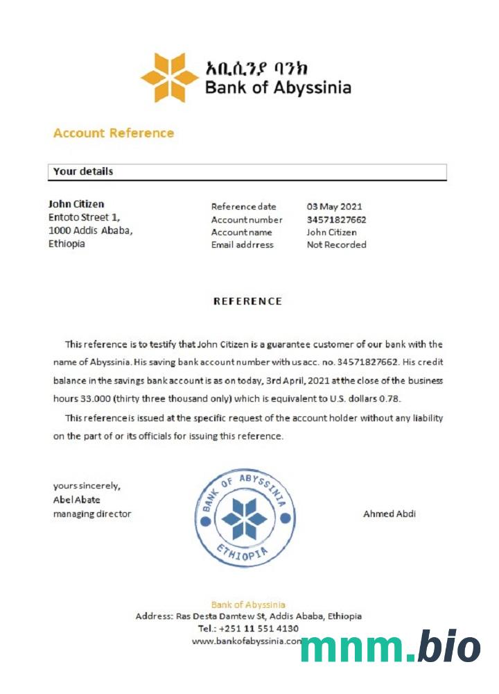 Przykład odniesienia do Etiopii Abisynii w formatach Word i PDF