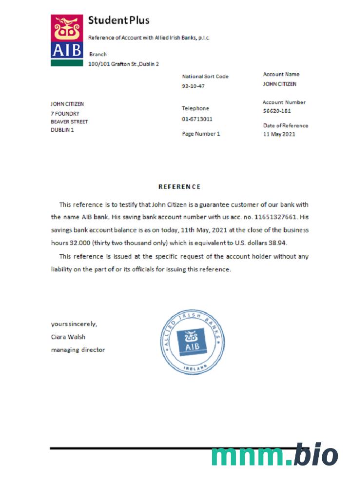 Przykład odniesienia AIB w Irlandii w formatach Word i PDF