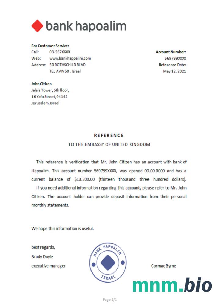 Przykład odniesienia Israel Hapoalim w formatach Word i PDF