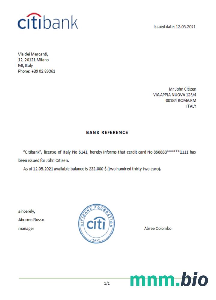 Przykład referencyjny Citibank we Włoszech w formatach Word i PDF