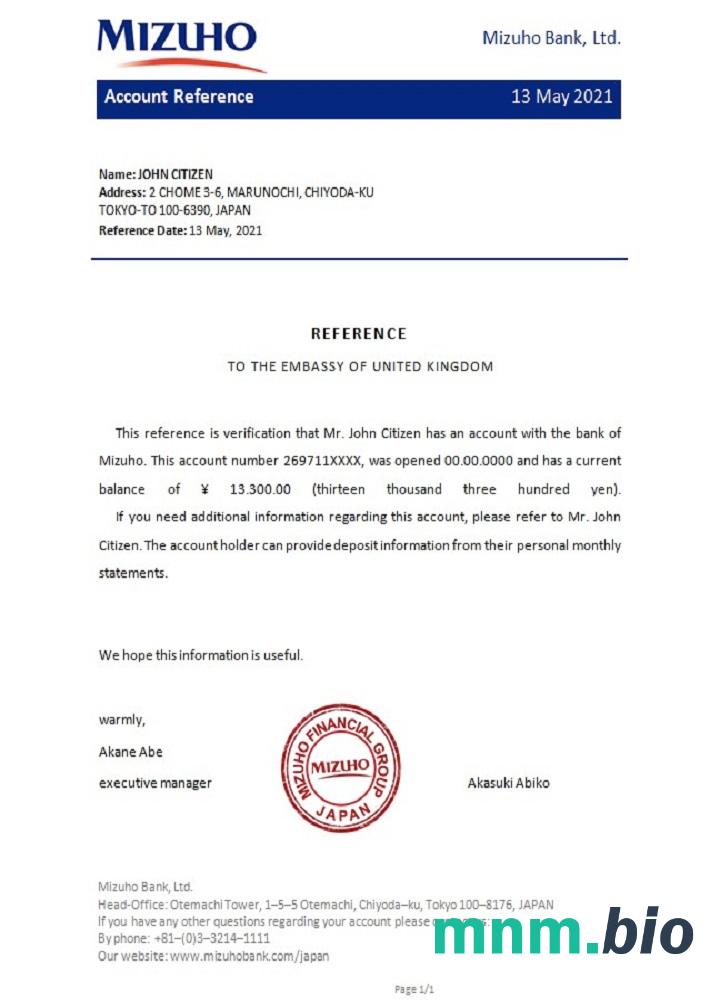 Przykład odniesienia do Japonii Mizuho w formatach Word i PDF
