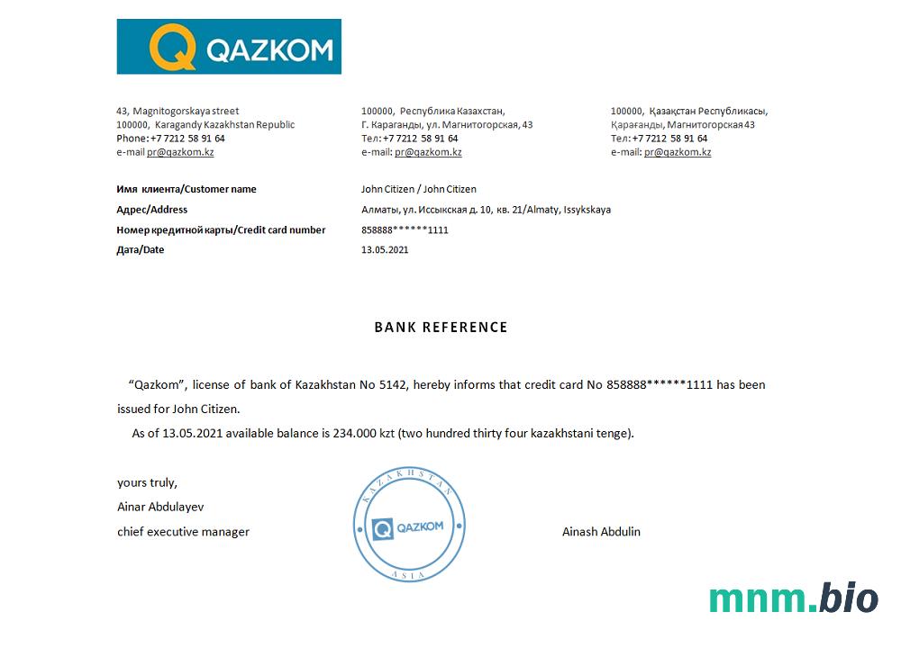Przykład odniesienia Kazachstanu Qazkom w formatach Word i PDF