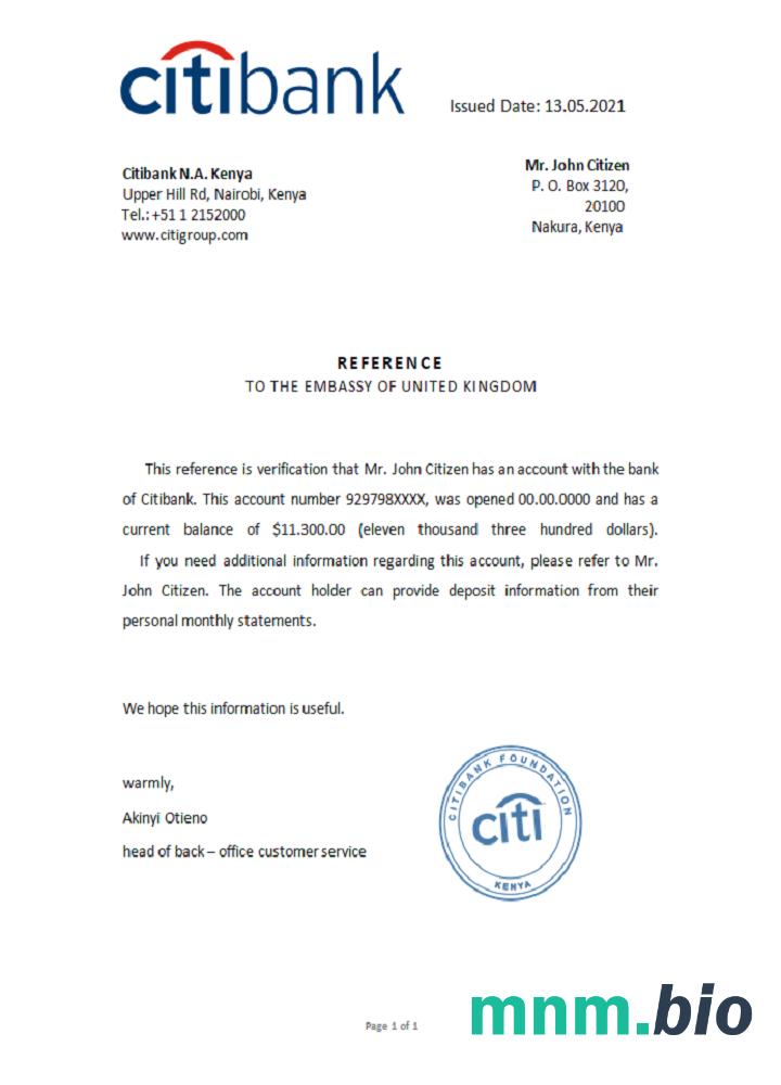 Przykład odniesienia do Kenii Citibank w formatach Word i PDF