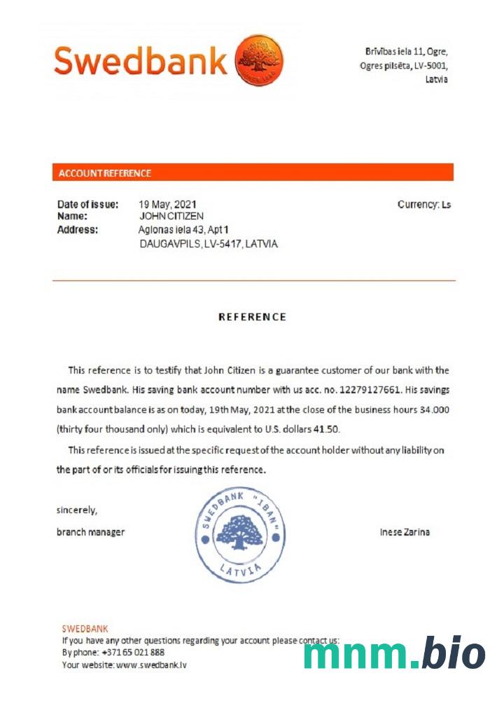 Łotwa Swedbank przykład odniesienia w formatach Word i PDF