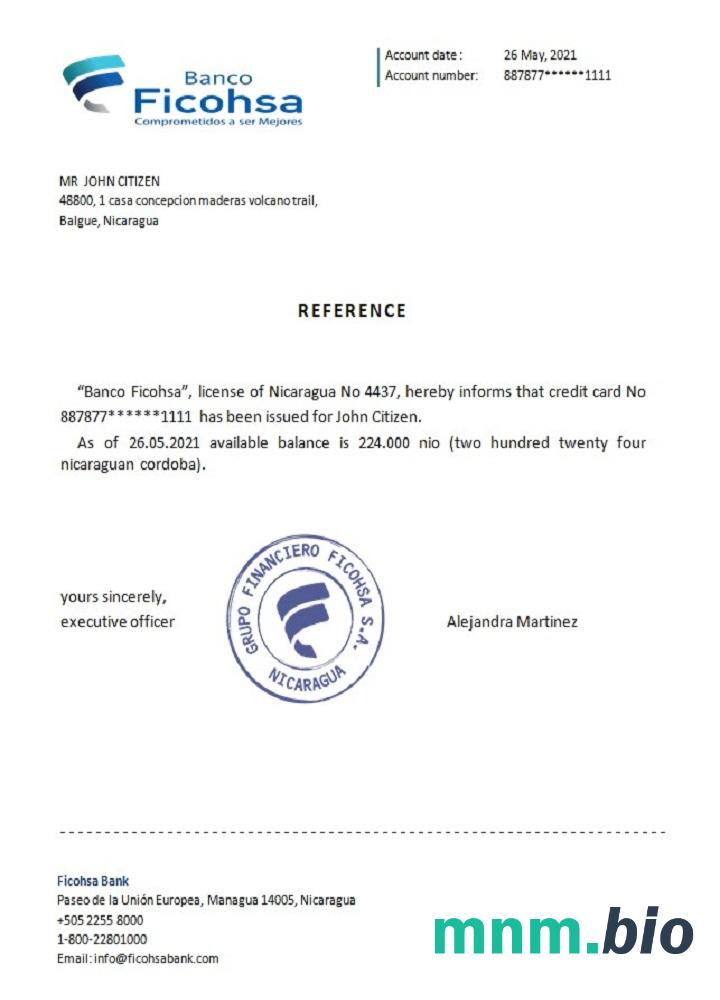 Przykład odniesienia do Nikaragui Ficohsa w formatach Word i PDF
