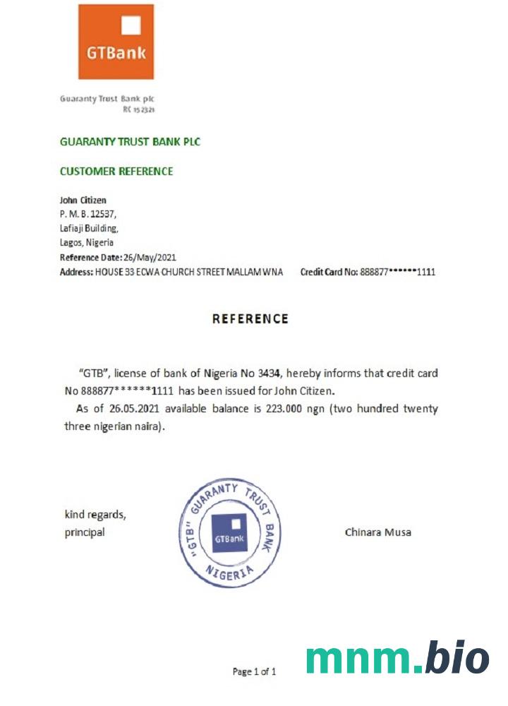 Przykład odniesienia do Nigerii GTBank w formatach Word i PDF