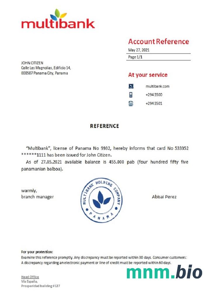 Przykład odniesienia do MultiBanku Panama w formatach Word i PDF