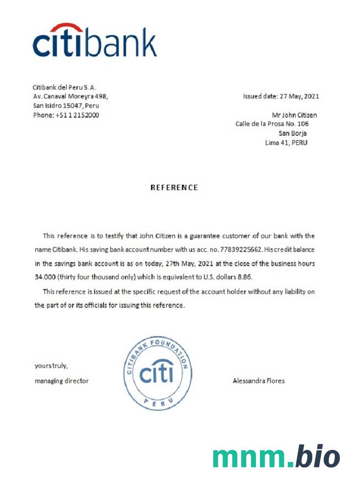 Przykład odniesienia Peru Citibank w formatach Word i PDF