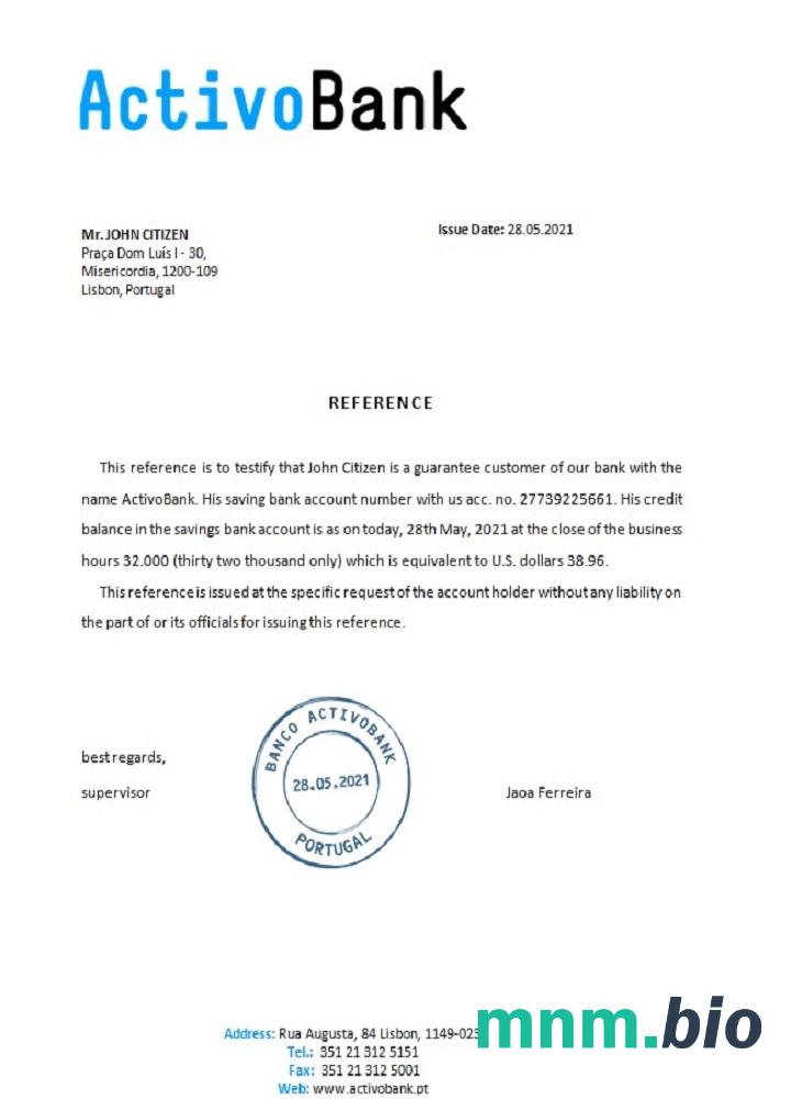 Przykład odniesienia Portugal Activobank w formatach Word i PDF