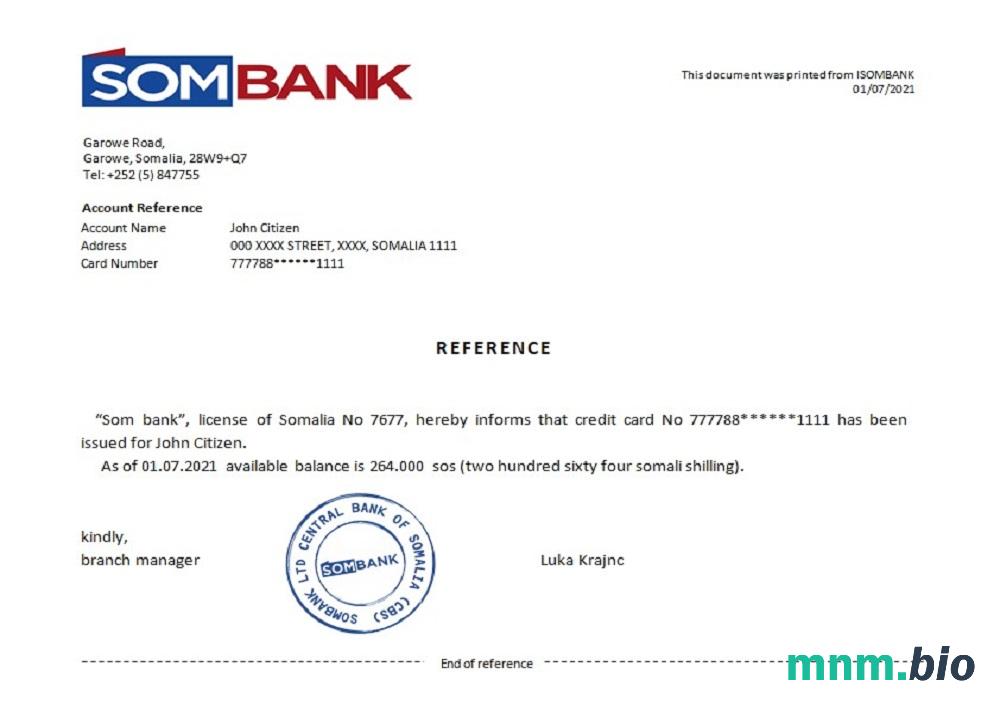 Somalia Sombank przykład odniesienia w formatach Word i PDF