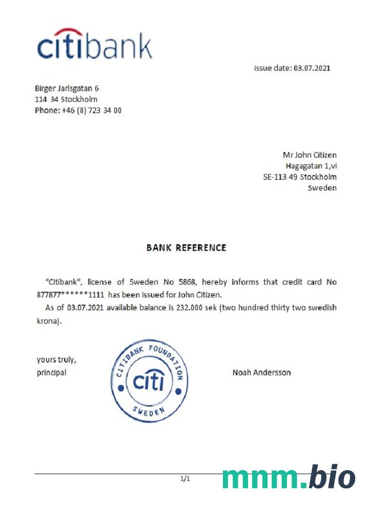 Przykład odniesienia do szwedzkiego Citibanku w formatach Word i PDF