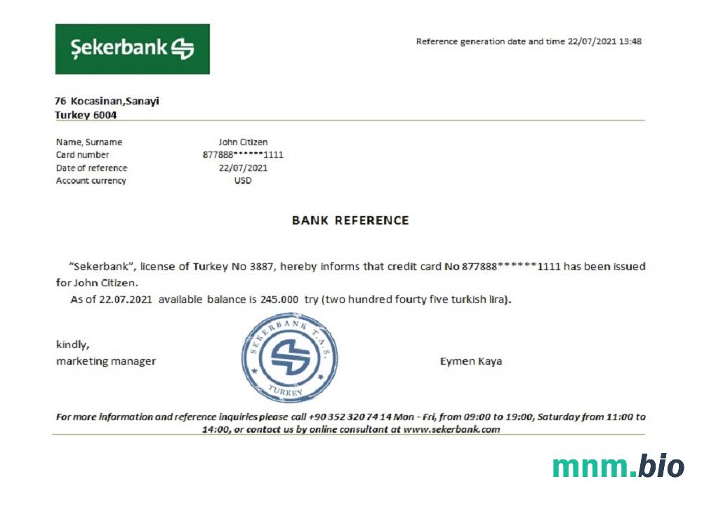 Przykład odniesienia Turkey Sekerbank w formatach Word i PDF