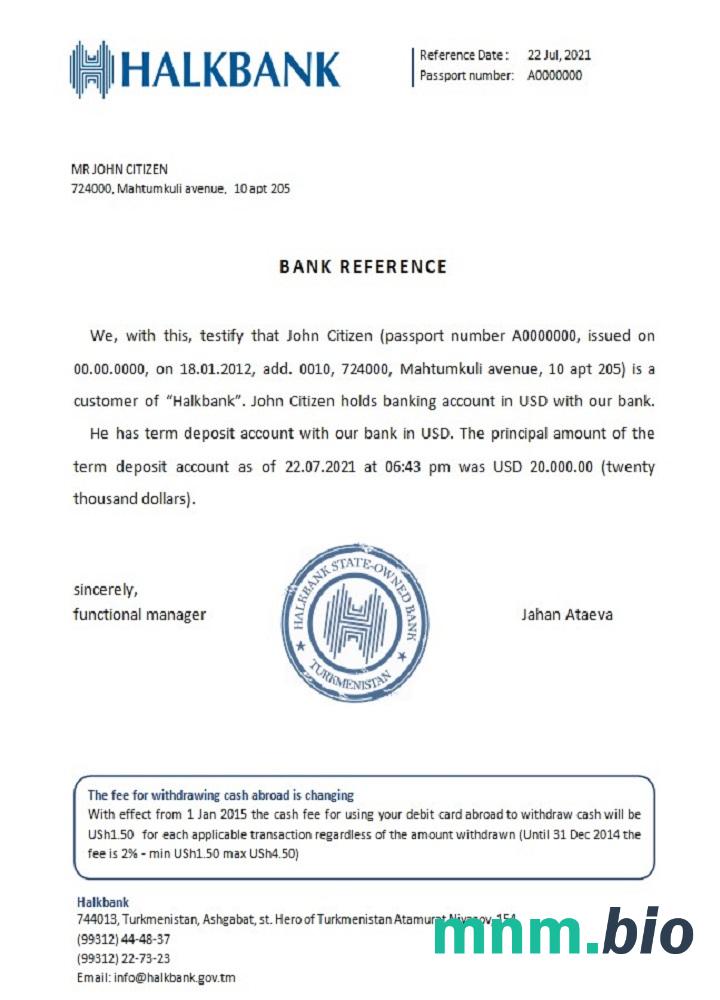 Przykład odniesienia Turkmenistanu Halkbank w formatach Word i PDF