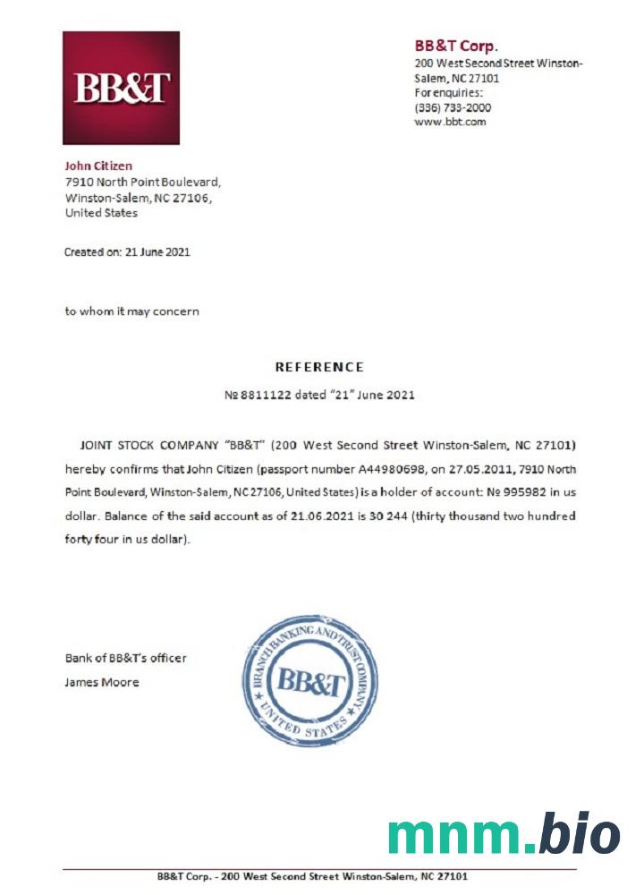 Przykład odniesienia USA BB & T w formatach Word i PDF