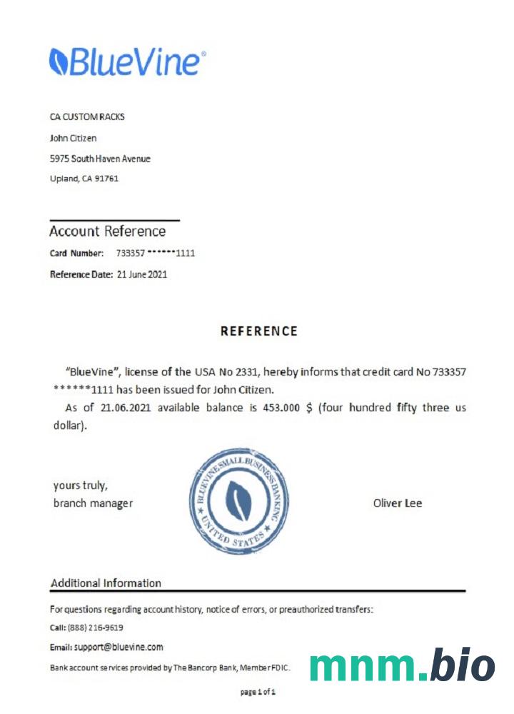 Przykład odniesienia USA Bluevine w formatach Word i PDF