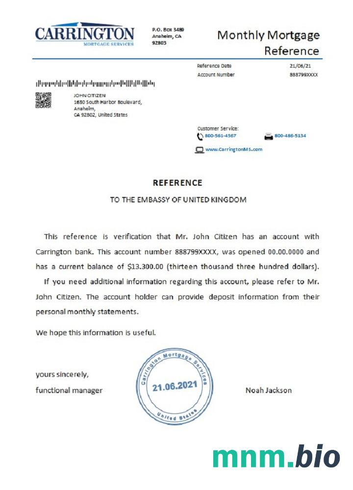 Przykład odniesienia USA Carrington w formatach Word i PDF