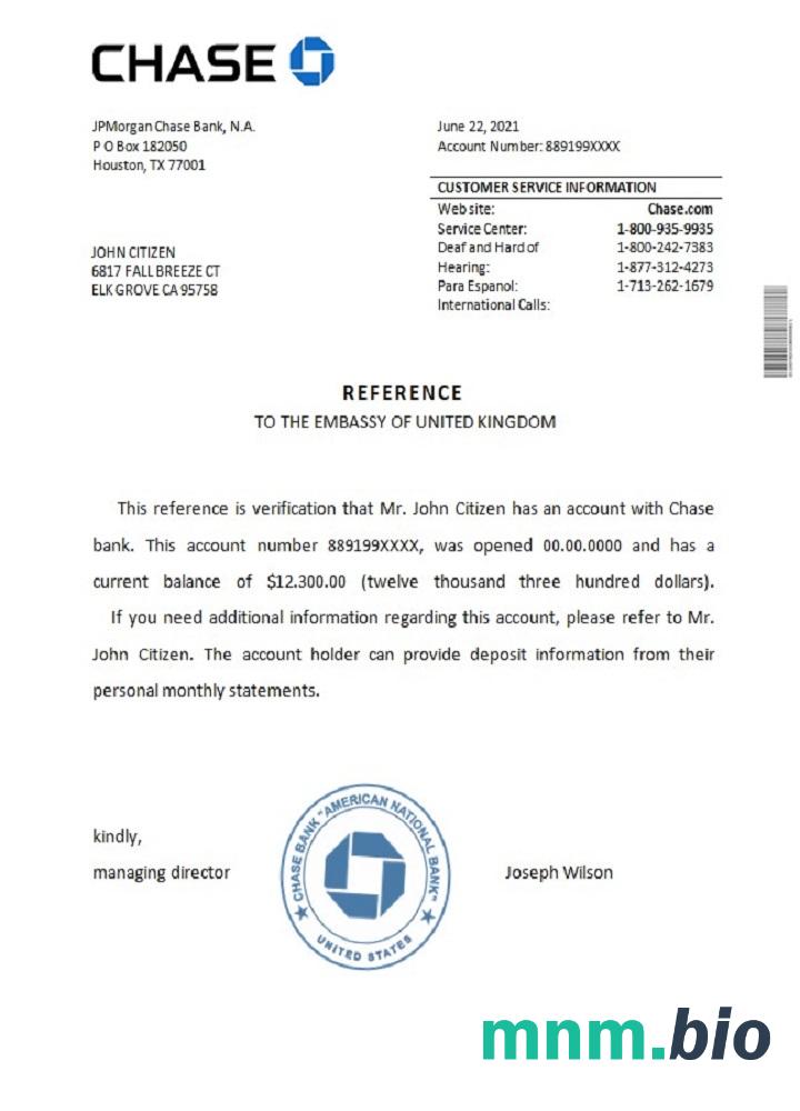 Przykład odniesienia do USA Chase w formatach Word i PDF
