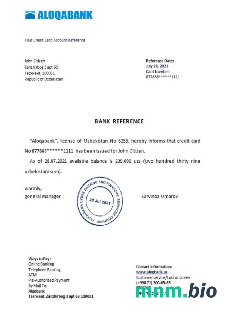 Przykład odniesienia Uzbekistanu Aloqabank w formatach Word i PDF