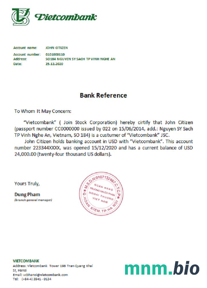 Przykład odniesienia Wietnamu Vietcombank w formatach Word i PDF